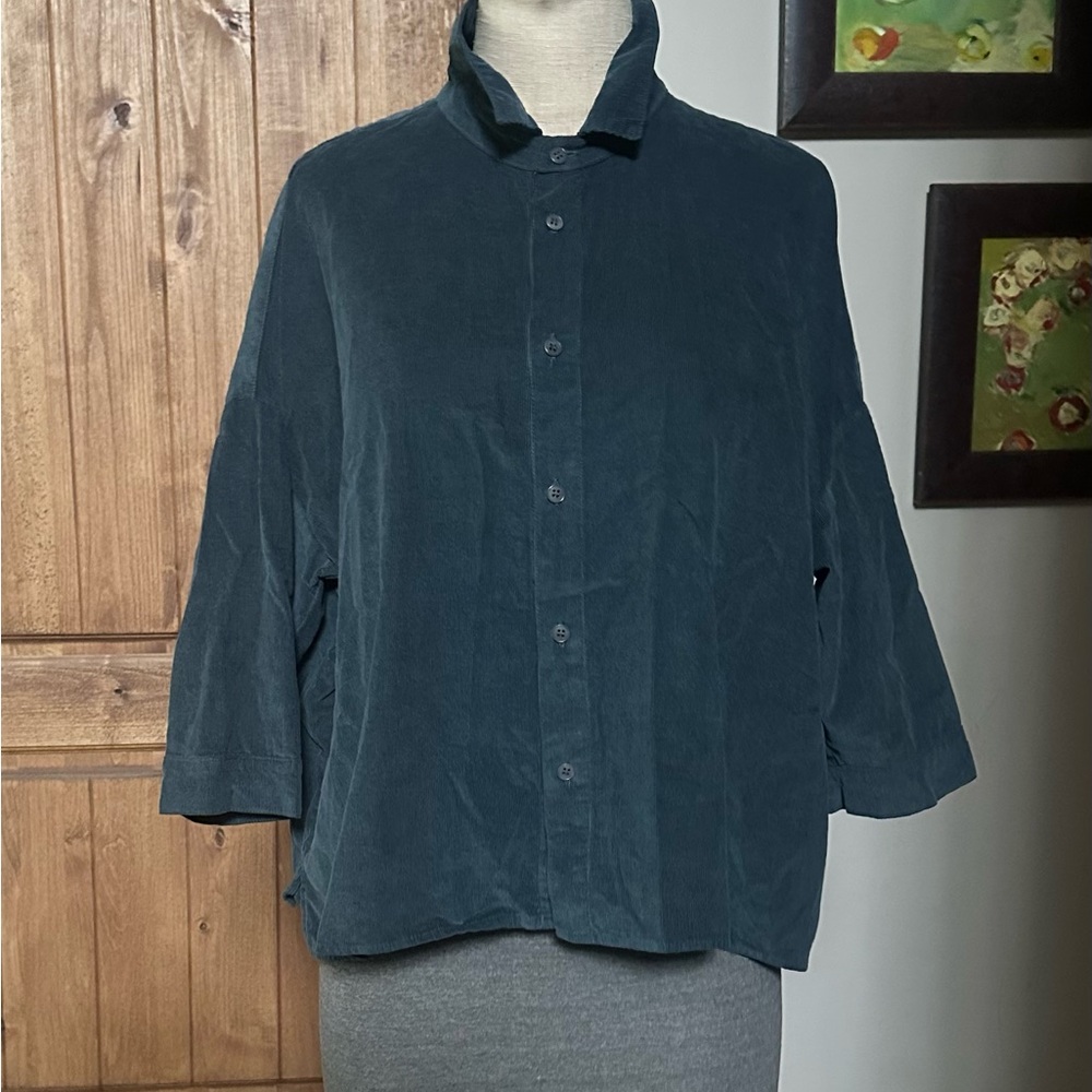 CP SHADES Dark Teal Baby Corduroy Button-Front Jacket. 3/4 Length Sleeves.